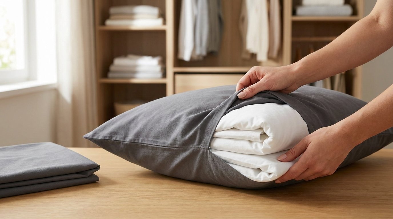 entdecken Sie, wie ein einfacher Kissenbezug Ihre Bettwäsche platzsparend organisiert und bis zu 30 % Stauraum im Schlafzimmerschrank freimacht